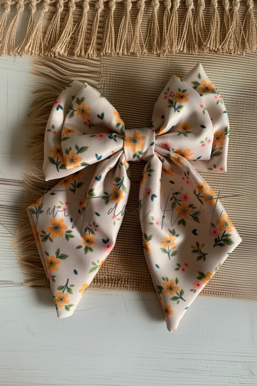 Light Beige with Small Yellow Floral Pattern Double Layer Bow Clip