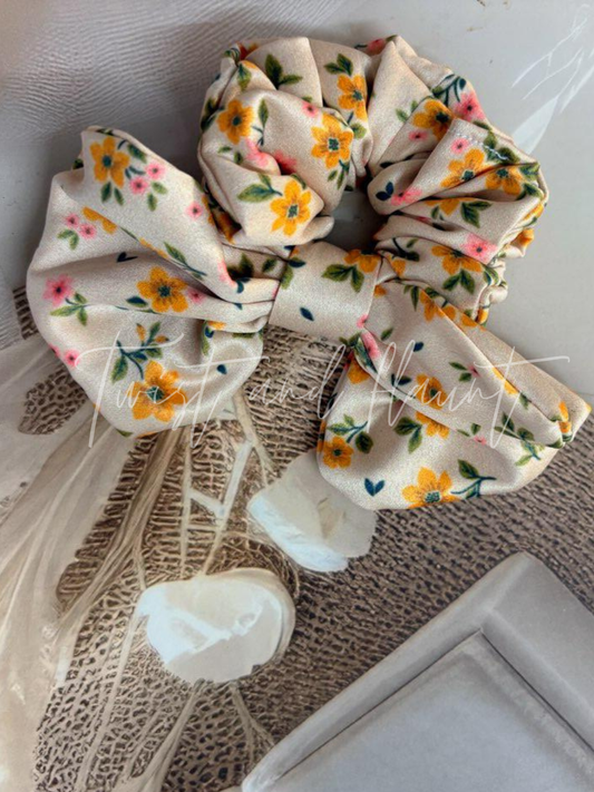 Light Beige with Small Yellow Floral Printed Scrunchie
