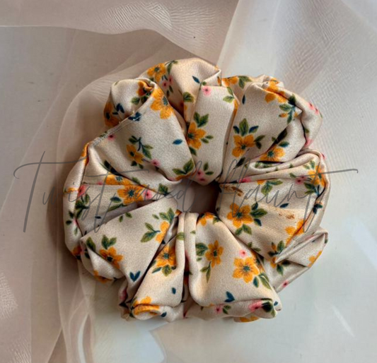 Light Beige with Small Yellow Floral Pattern Printed Satin Scrunchie.