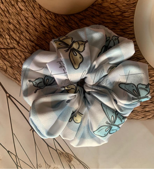 Whimsical Light Blue & White Checkered with Butterflies Printed Satin Scrunchie