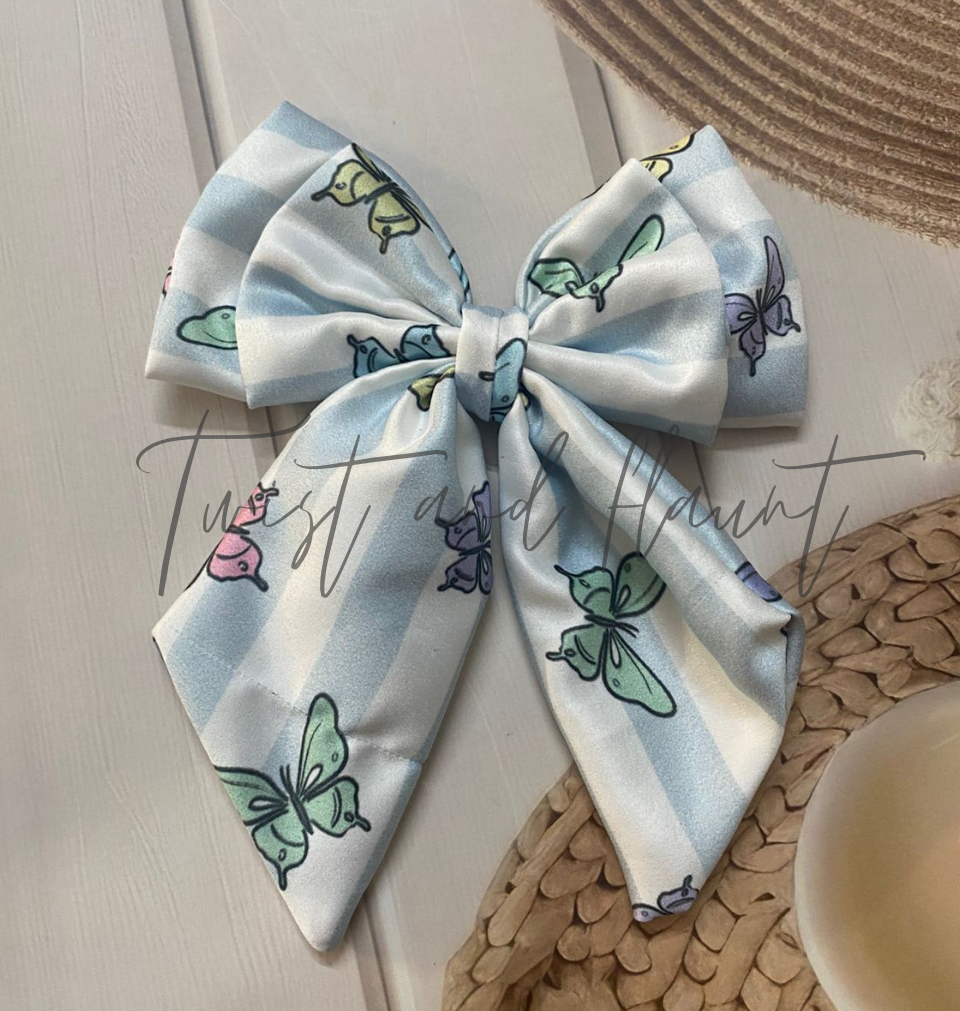 Light Blue and White Checkered with  butterflies Satin Double Layer Bow Clip.