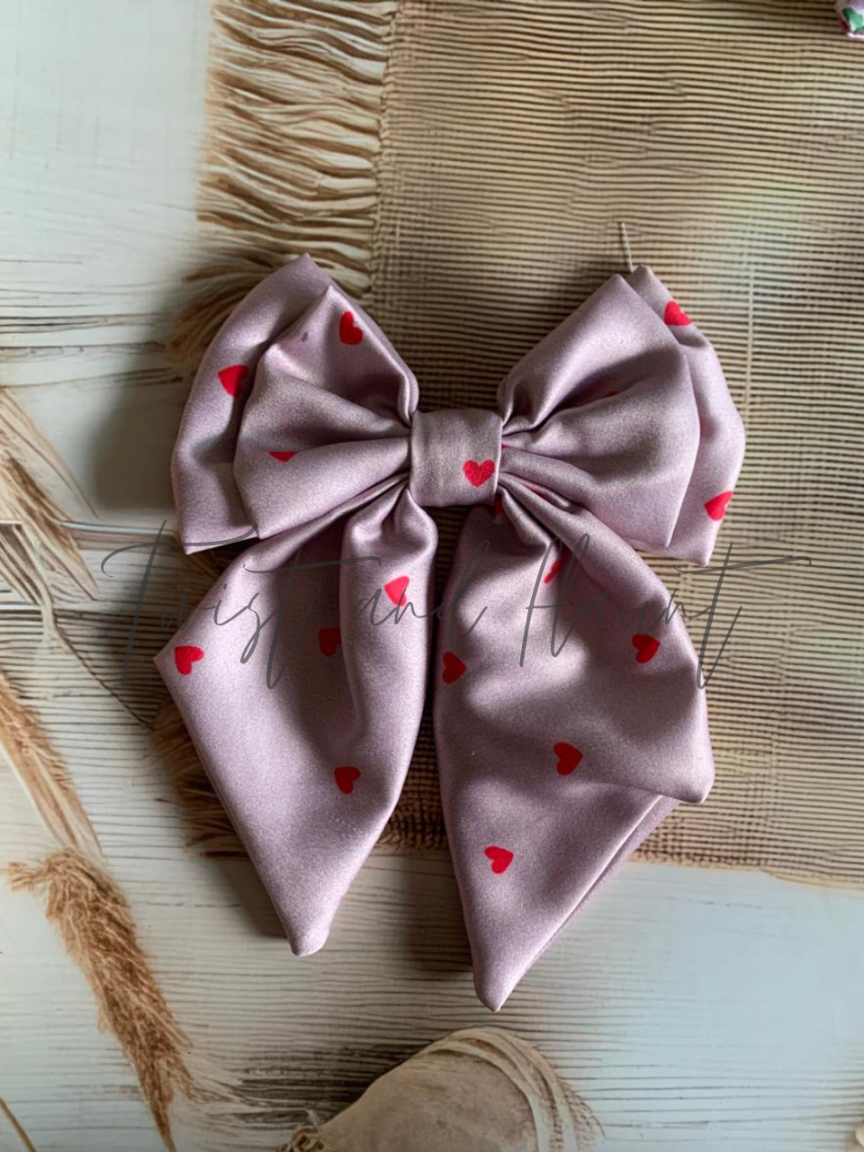 Light Purple With Small Red Hearts Double Layer Bow Clip