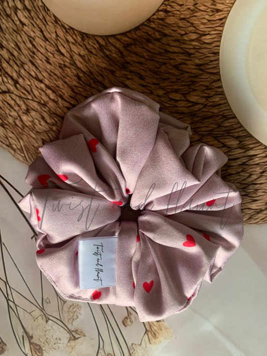 Light Purple With Small Red Hearts Printed Satin Scrunchie