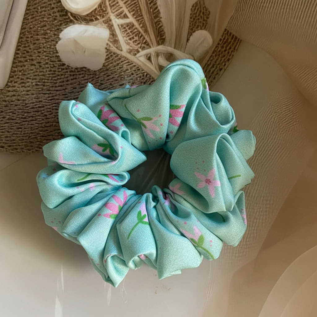 Light Teal With Small Pink Flowers Printed Satin Scrunchies.