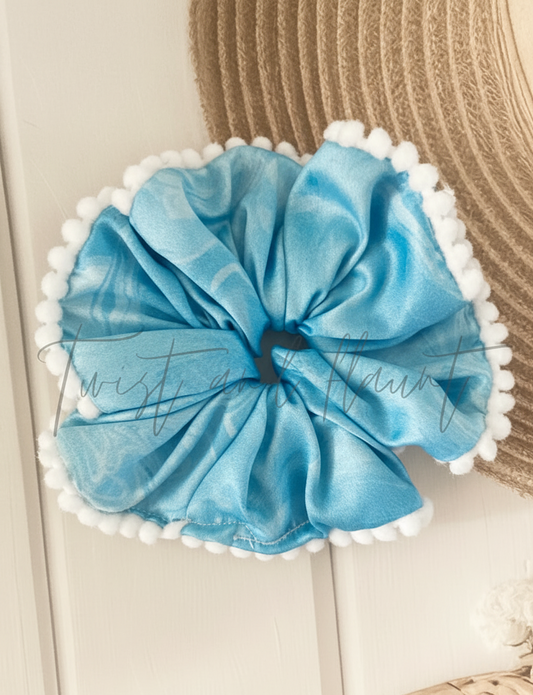 Dreamy Light Blue Marbled Satin Scrunchie with Pom Pom Lace