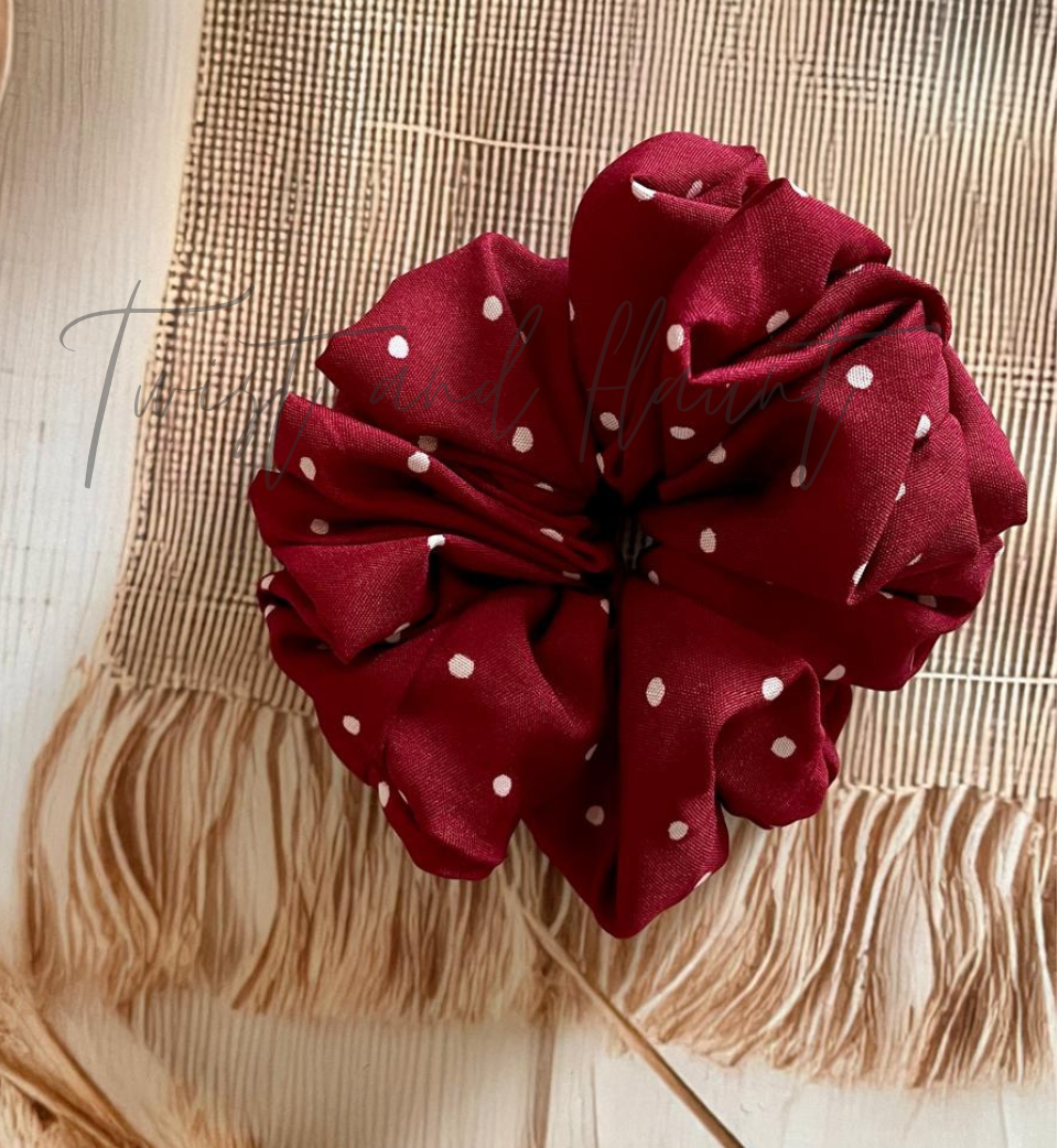 Maroon Crepe With White Polkadots Scrunchies