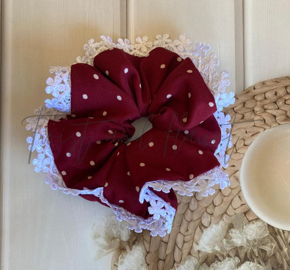 MarooncrepewithwhitepolkadotsAndWhiteFloralLaceScrunchie
