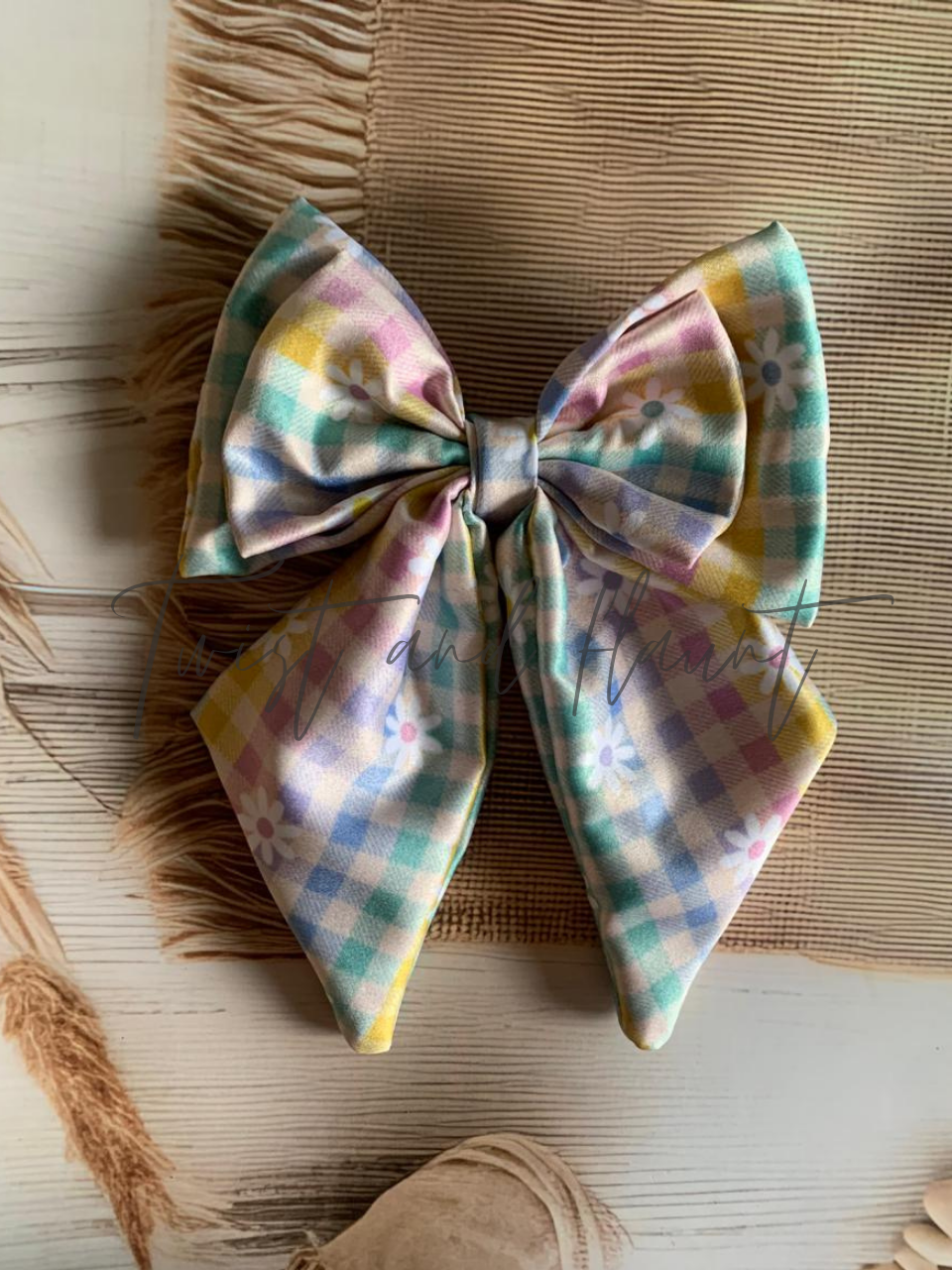 Pastel Gingham With Small White Daisies Double Layer Bow Clip.
