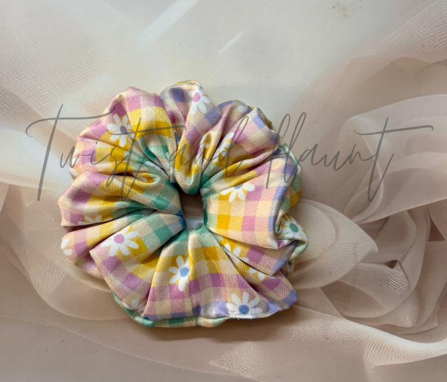 Pastel Gingham With Small White Daisies Printed Satin Scrunchie.
