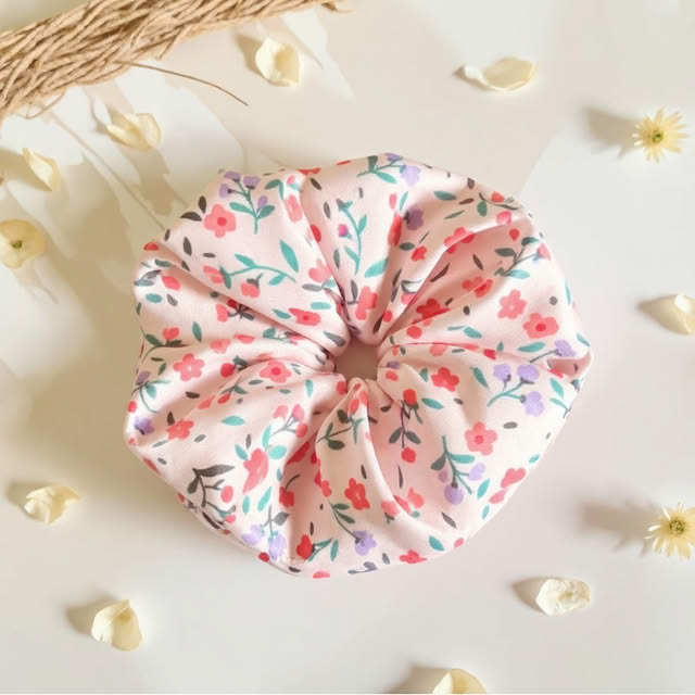 Peach with Small Florals Printed Satin Scrunchie