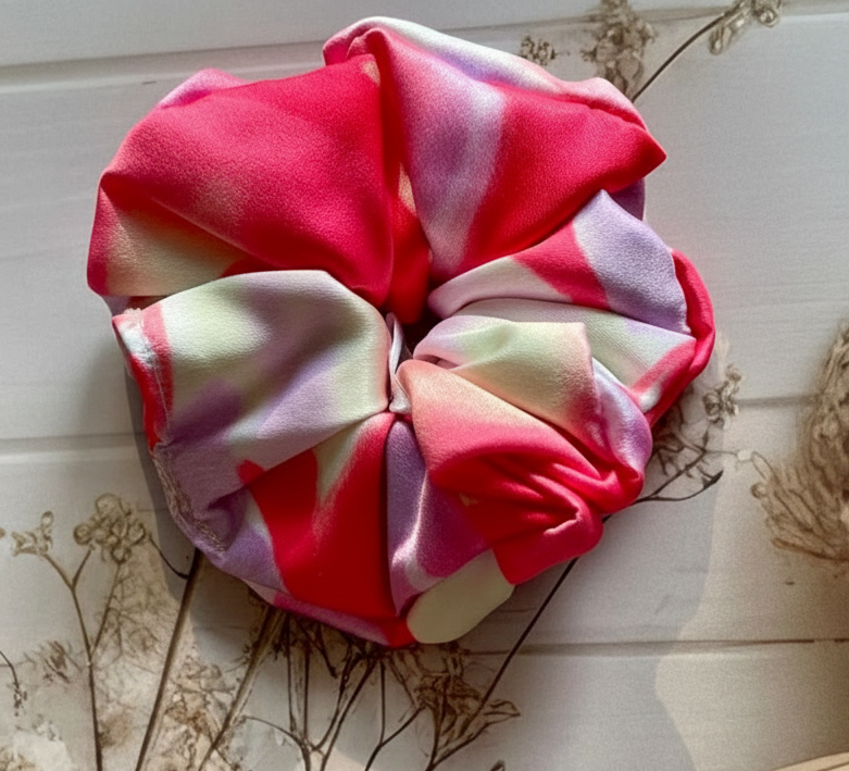 Pink and white tie-dye scrunchie on a textured surface with a candle and twine.