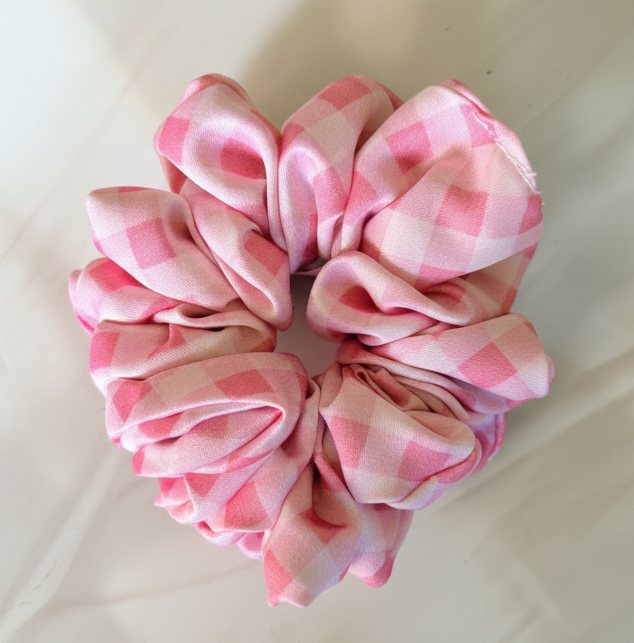 Pink And White Checkered Satin Printed Scrunchies.