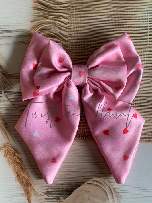 Pink Satin with a Pattern of Red and White Hearts Double Layer Bow Clip