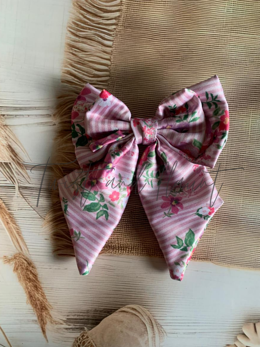 Pink With White Stripes and Floral Pattern Double Layer Bow Clip.