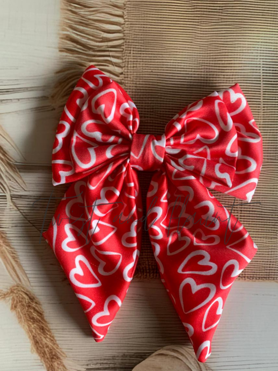 Red Satin with a White Heart Pattern Double Layer Bow Clip
