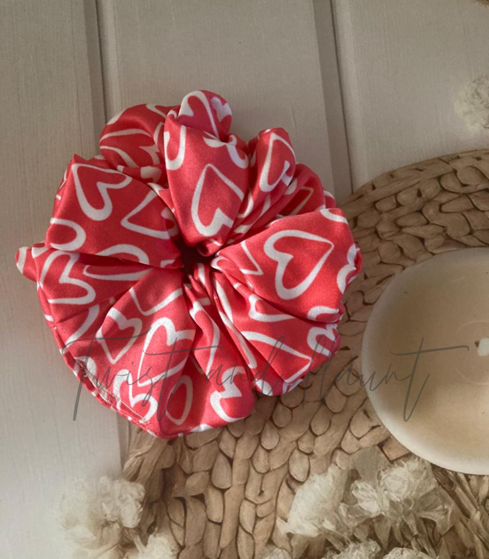 Red Satin with a White Heart Pattern Printed Satin Scrunchie