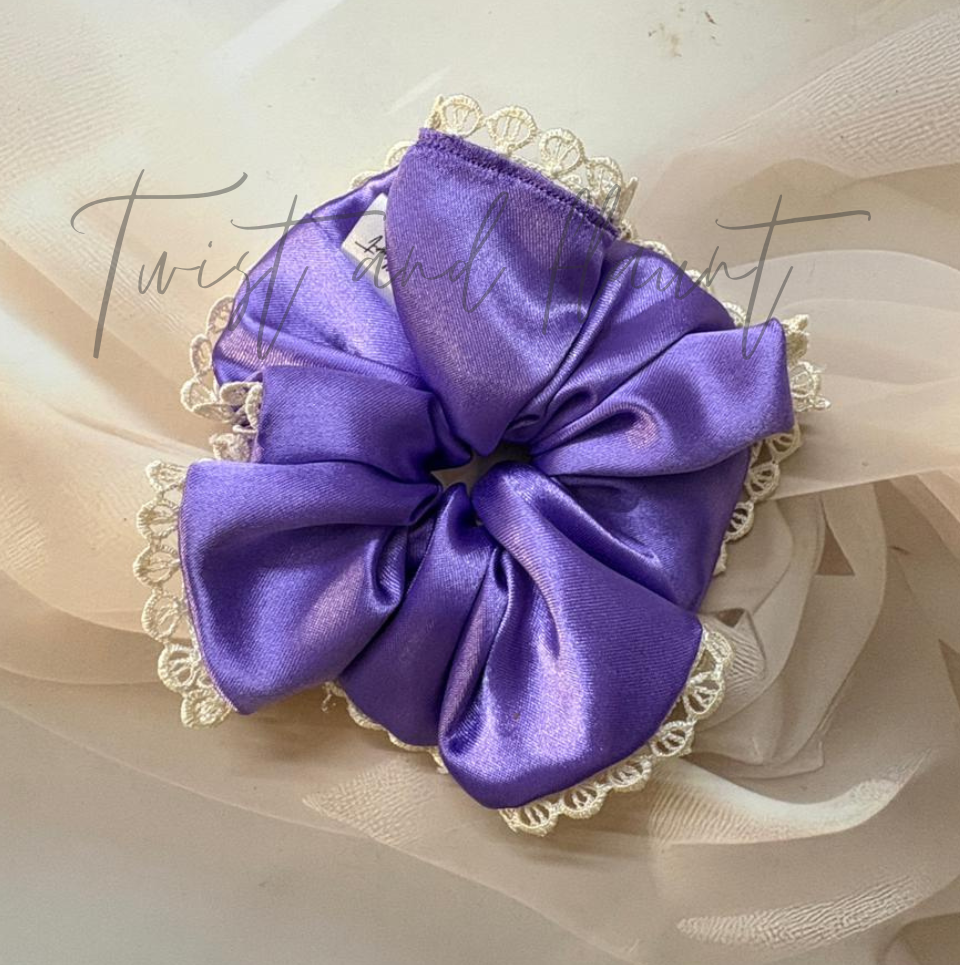 Regal Violet Simply Satin With White Lace Scrunchie