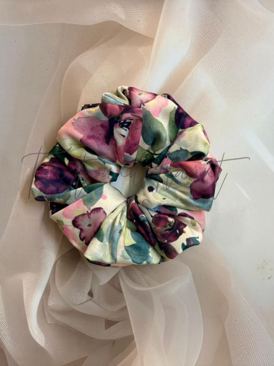 Blooming Floral Printed Satin Scrunchie – Garden Chic in Every Twist