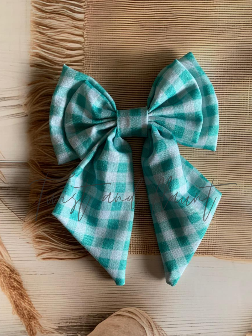 Teal and White Gingham Double Layer Bow Clip.