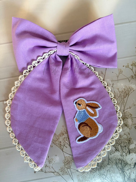 Lavender Hop Embroidered Bow Clip