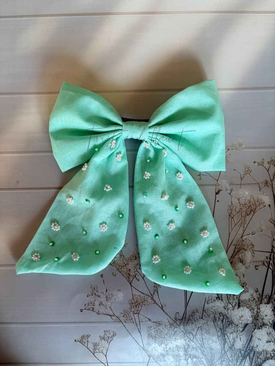 Mint Sprinkle Embroidered Bow Clip