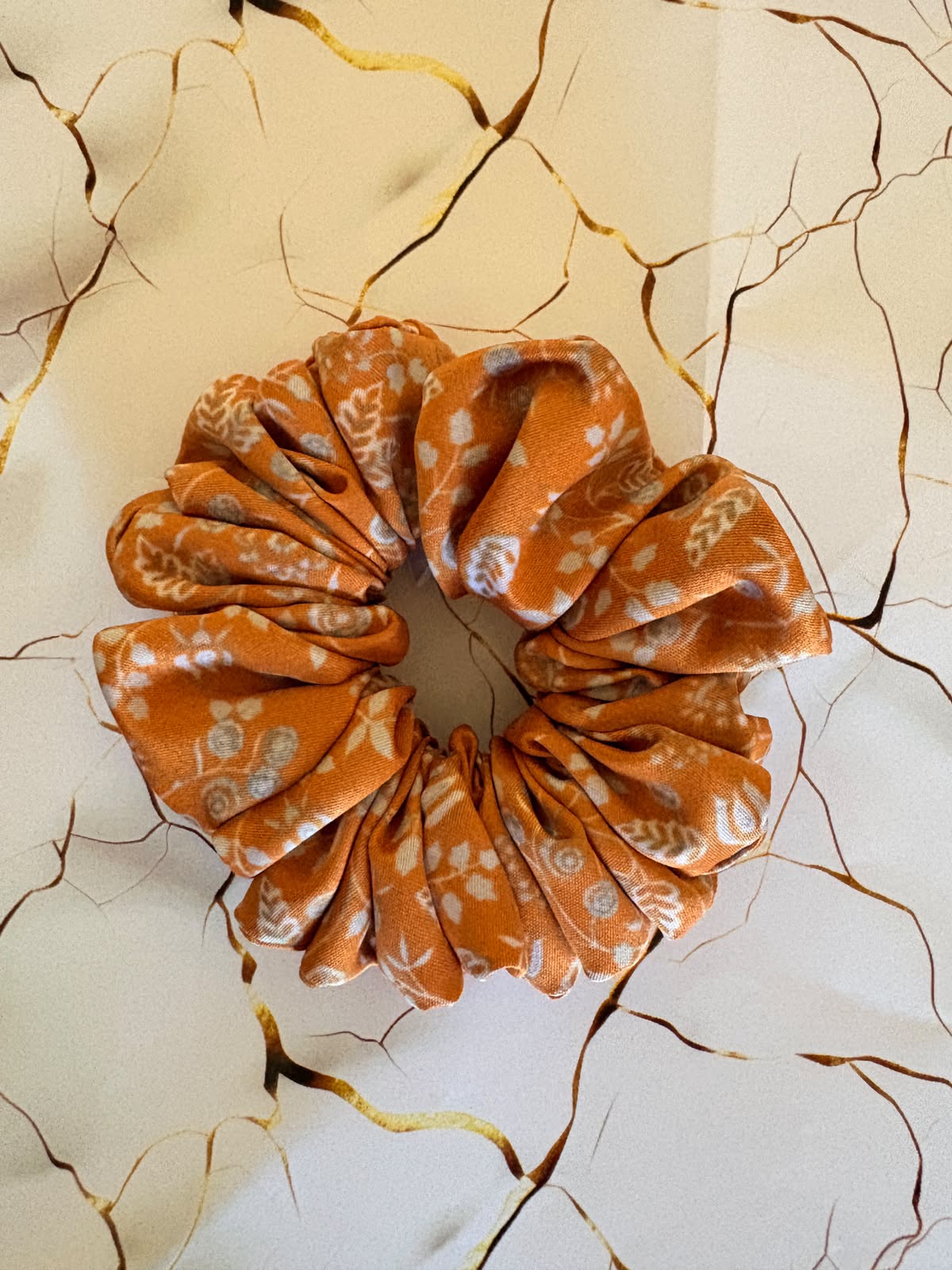 Mustard With White Floral Pattern Printed Satin Scrunchies.