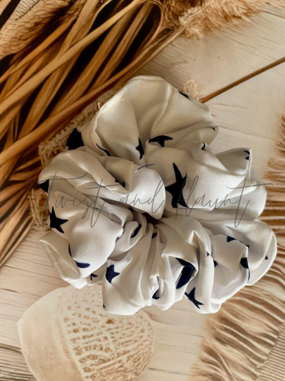Starry White Crepe Scrunchie with Dazzling Printed Stars