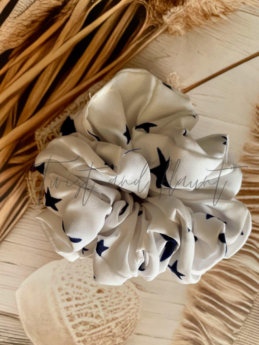 Starry White Crepe Scrunchie with Dazzling Printed Stars