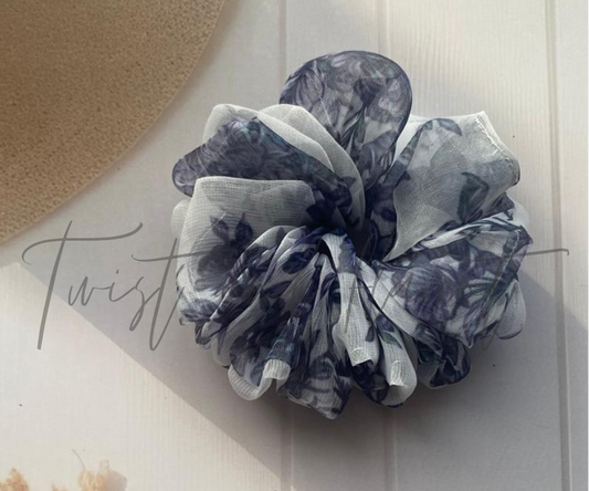 White Organza With Black Floral Print Scrunchie