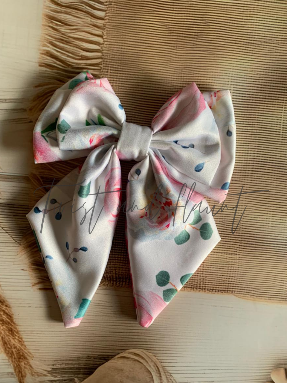 White Satin With Floral Pattern of Pink Roses Double Layer Bow Clip