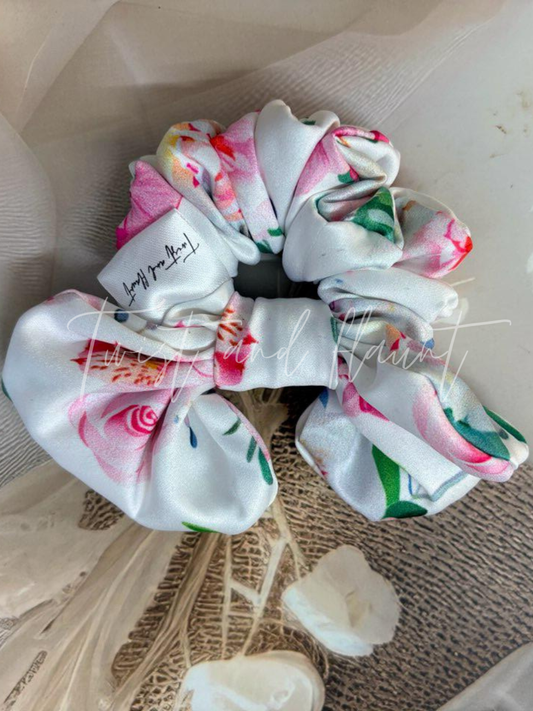 White Satin With Floral Pattern of Pink Roses Printed  Bow Scrunchie