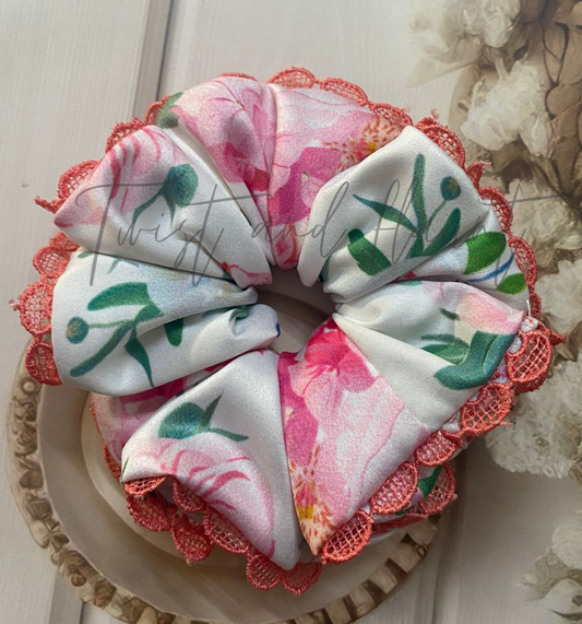 Romantic White Satin Scrunchie with Pink Roses & Delicate Lace