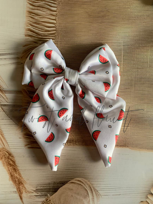 White Satin With Watermelons Double Layer Bow Clip