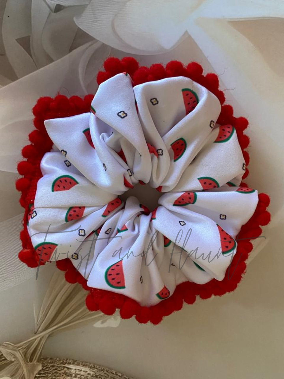 White Satin With Watermelons Print Pom Pom Lace Scrunchie