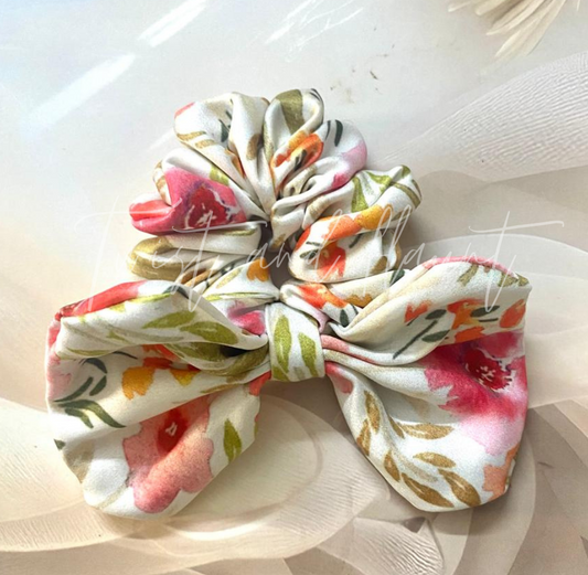Blooming White Satin Bow Scrunchie with Orange and Pink Florals