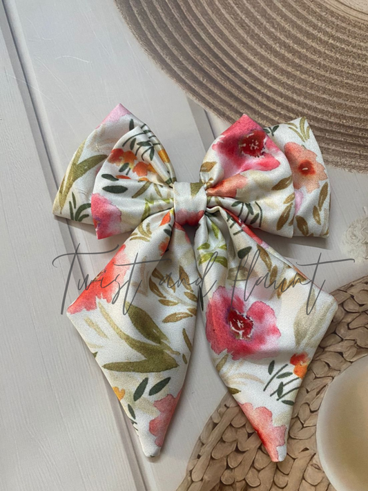 White With Orange and Pink Floral Pattern Printed Satin Double Layer Bow Clip.