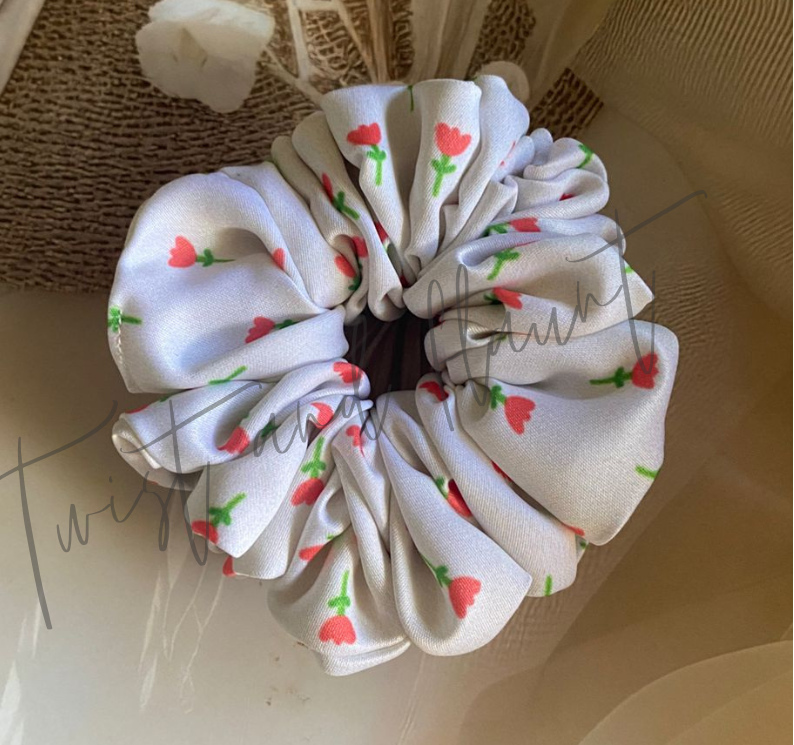 White With Small Red Tulip Pattern Printed Satin Scrunchies.