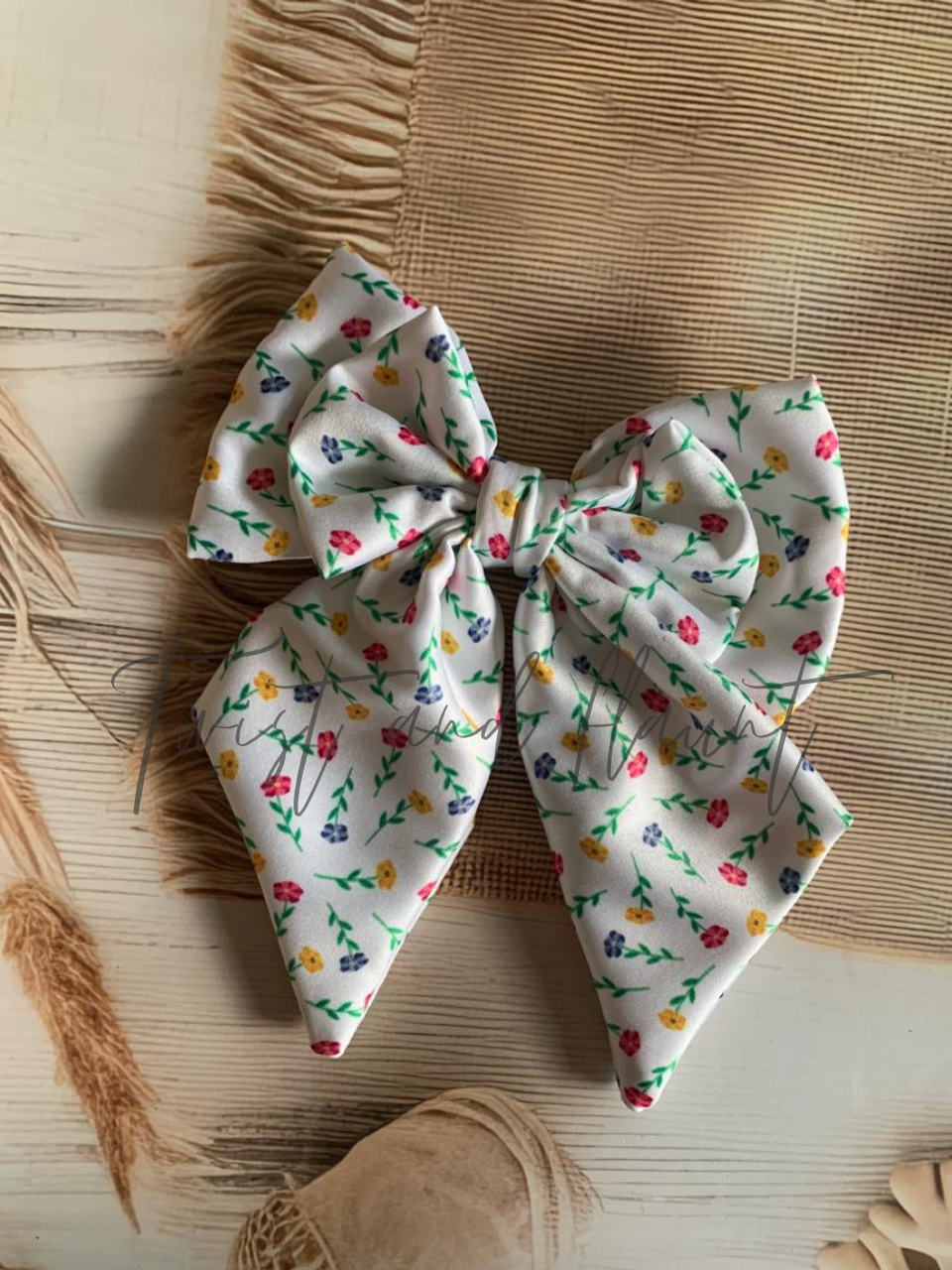 Charming White Satin with Tiny Red, Yellow & Blue Flowers Double Layer Bow Clip