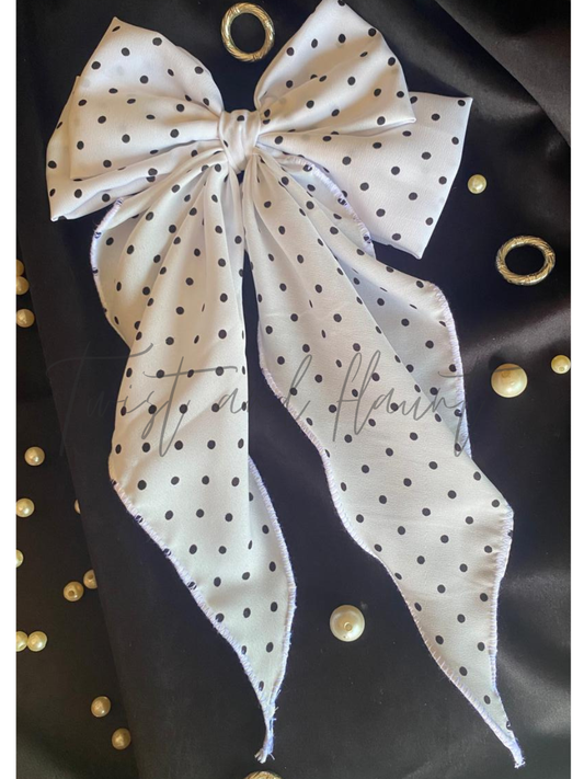 White Crepe With Black Polkadots Long Bow Tail Clip