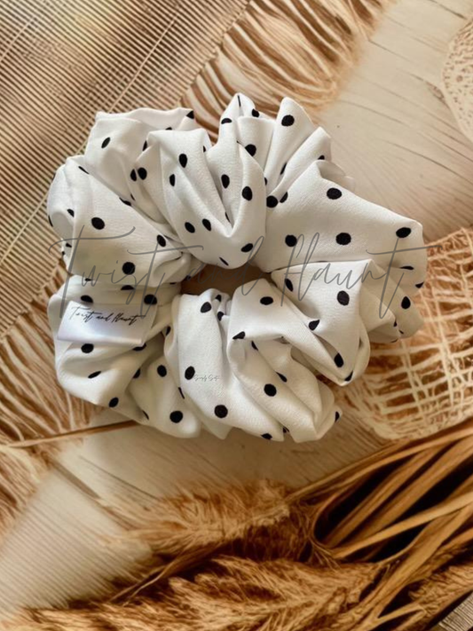 White Crepe With Black Polkadots Scrunchies