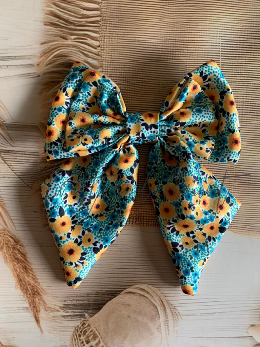 Yellow Flowers and Blue Accents Double Layer Bow Clip.